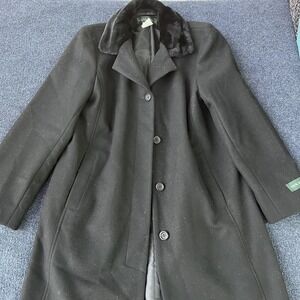 Herve Benard Long Wool Coat Womens 8 Black Faux Fur Collar Button Front Lined